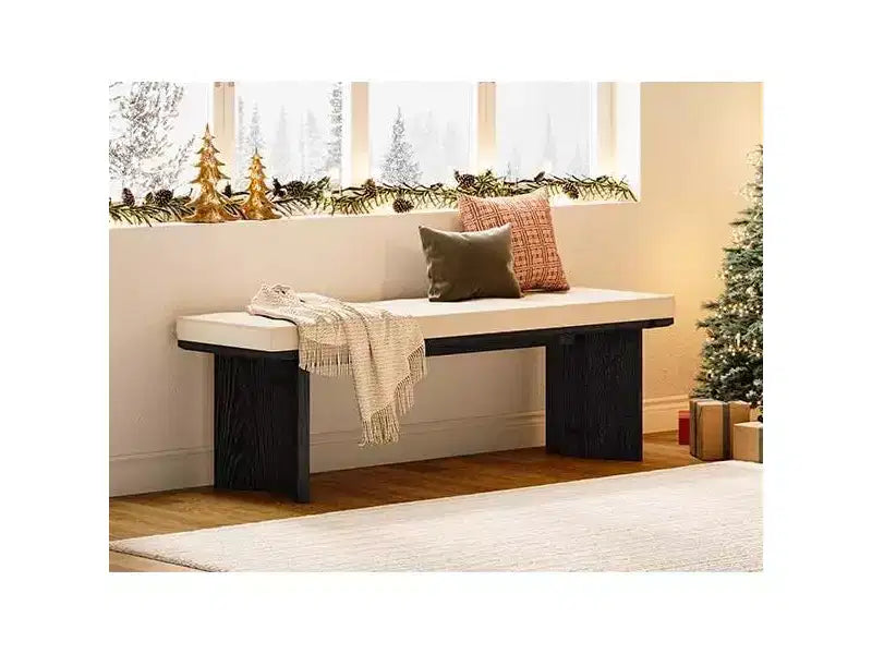 Banc Lantine en bois massif avec coussin amovible, banc à chaussures moderne de 55 pouces pour entrée, salle à manger, salon, pied de lit