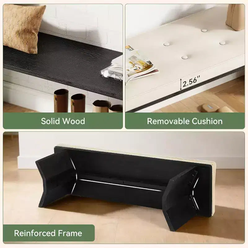 Banc Lantine en bois massif avec coussin amovible, banc à chaussures moderne de 55 pouces pour entrée, salle à manger, salon, pied de lit