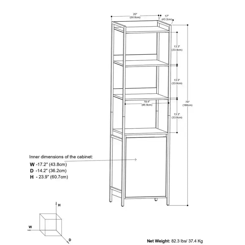Bibliothèque étroite moderne industrielle Paola en MANGUIER MASSIF 74 po x 20 po avec armoire, coloris naturel