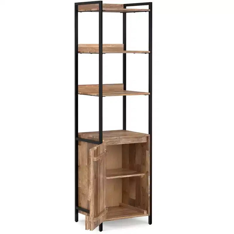 Bibliothèque étroite moderne industrielle Paola en MANGUIER MASSIF 74 po x 20 po avec armoire, coloris naturel