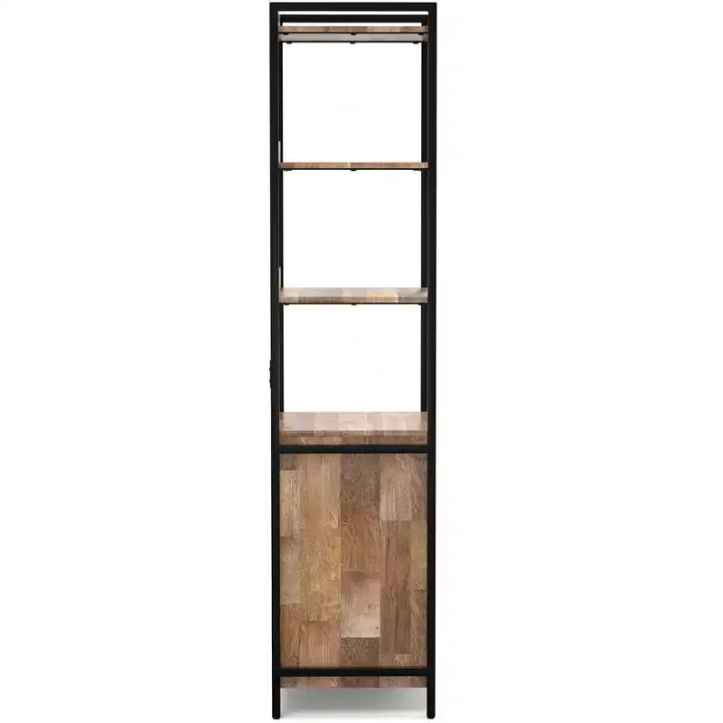 Bibliothèque étroite moderne industrielle Paola en MANGUIER MASSIF 74 po x 20 po avec armoire, coloris naturel