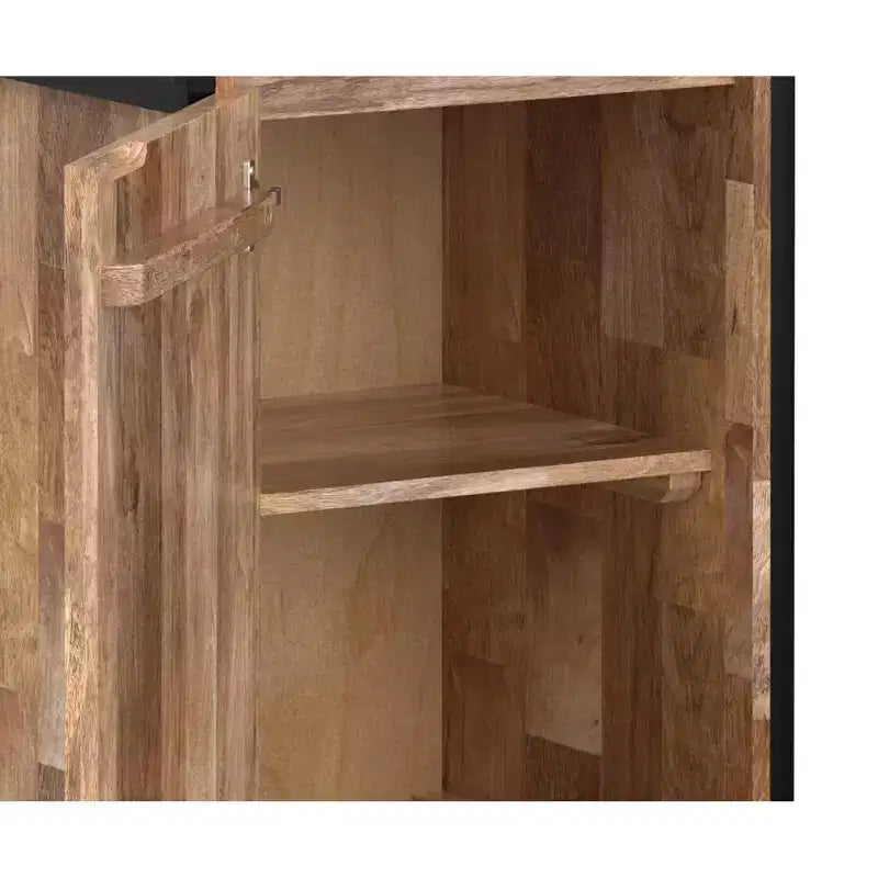 Bibliothèque étroite moderne industrielle Paola en MANGUIER MASSIF 74 po x 20 po avec armoire, coloris naturel