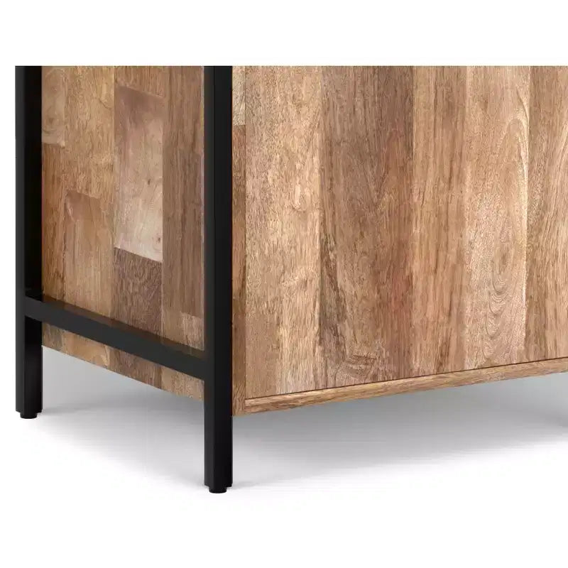 Bibliothèque étroite moderne industrielle Paola en MANGUIER MASSIF 74 po x 20 po avec armoire, coloris naturel
