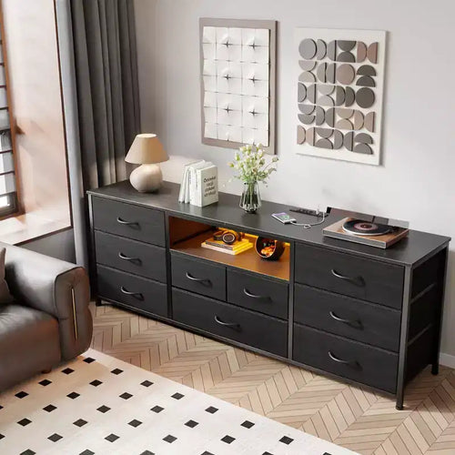 9 Drawer Wide Dresser for Bedroom 63 Inch Black Fabric Storage Chest with LED Lights and Power Outlets fits 75 Inch TV Media Console Organizer Cabinet
