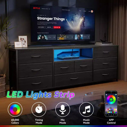 Commode large à 9 tiroirs pour chambre à coucher, coffre de rangement en tissu noir de 160 cm avec lumières LED et prises de courant, adapté pour téléviseur de 190 cm, meuble de rangement pour console média