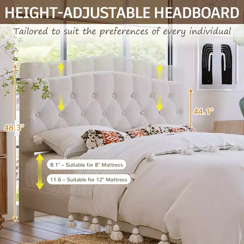 Lit plateforme rembourré pleine/grand lit/très grand lit avec tête de lit incurvée en forme de selle réglable et capitonnage en losange, cadre de lit en bois pour chambre à coucher