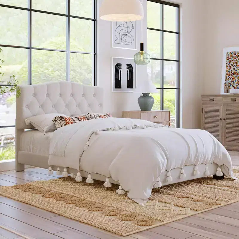 Lit plateforme rembourré pleine/grand lit/très grand lit avec tête de lit incurvée en forme de selle réglable et capitonnage en losange, cadre de lit en bois pour chambre à coucher