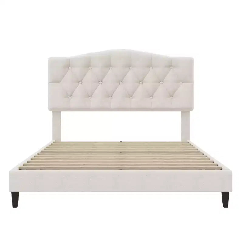 Lit plateforme rembourré pleine/grand lit/très grand lit avec tête de lit incurvée en forme de selle réglable et capitonnage en losange, cadre de lit en bois pour chambre à coucher