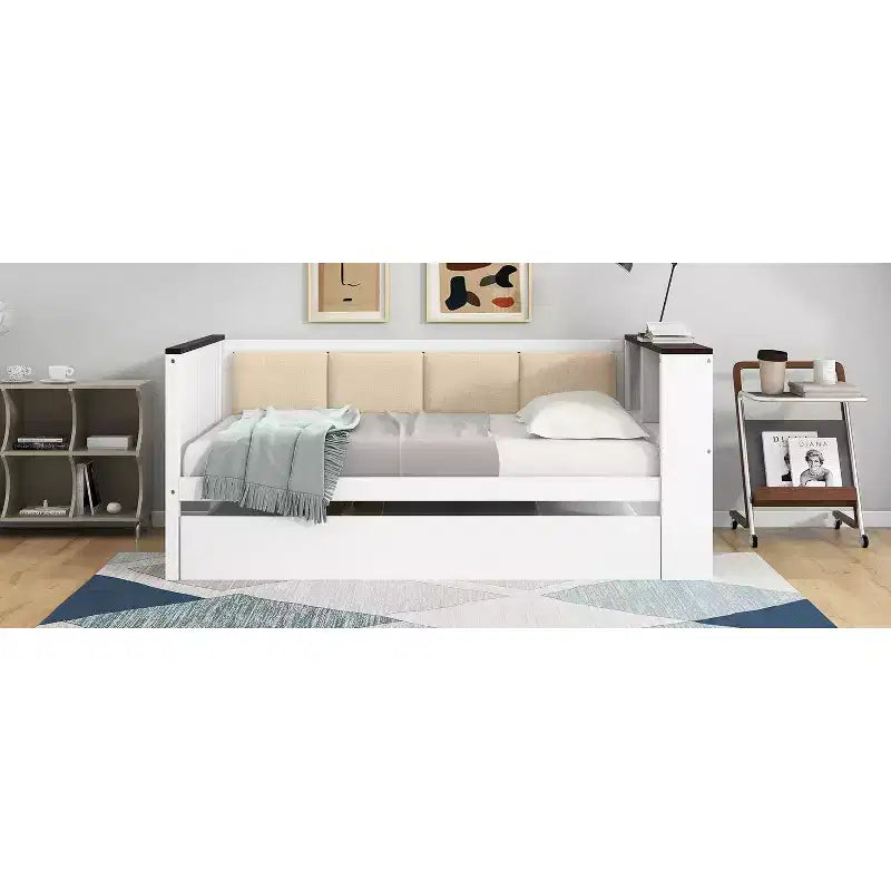 Lit de repos en bois double/complet avec étagères de rangement et lit gigogne, lit de repos avec dossier rembourré et USB