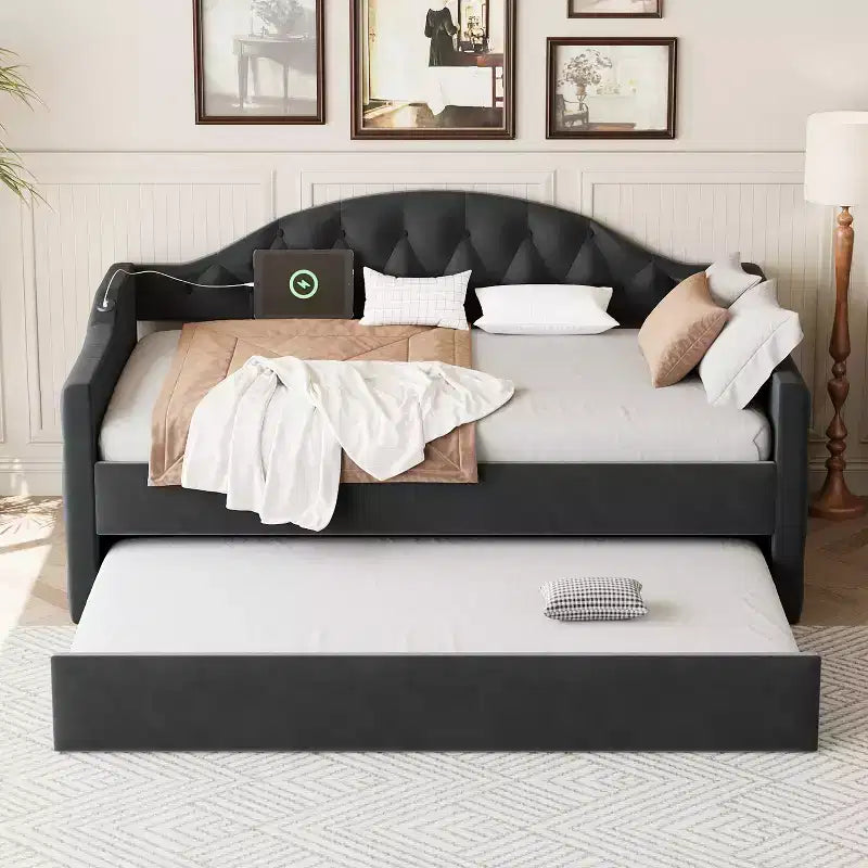 Lit de repos capitonné taille double avec lit gigogne, canapé-lit double en velours pour chambre à coucher