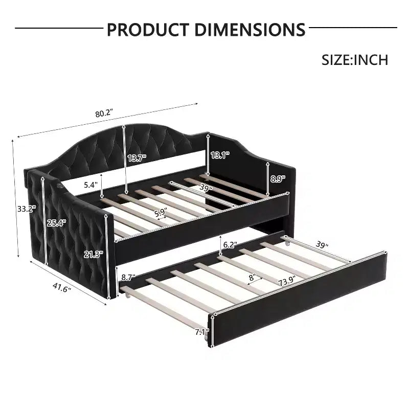 Lit de repos capitonné taille double avec lit gigogne, canapé-lit double en velours pour chambre à coucher
