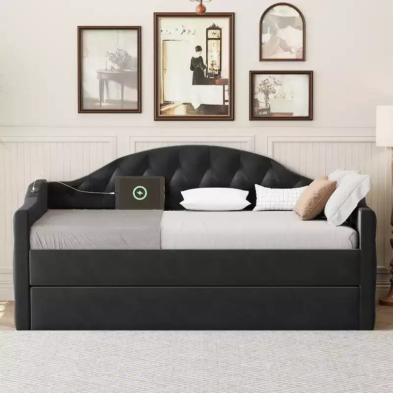 Lit de repos capitonné taille double avec lit gigogne, canapé-lit double en velours pour chambre à coucher