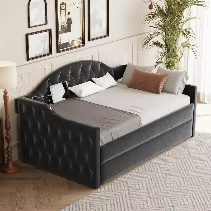Lit de repos capitonné taille double avec lit gigogne, canapé-lit double en velours pour chambre à coucher
