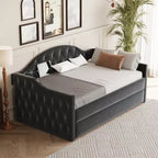 Lit de repos capitonné taille double avec lit gigogne, canapé-lit double en velours pour chambre à coucher