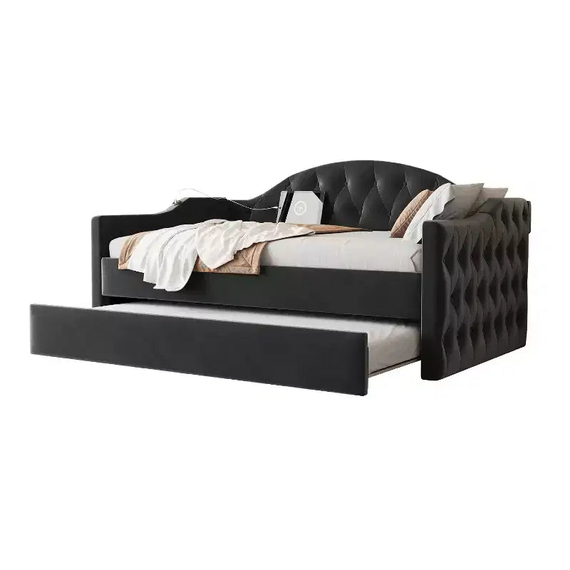 Lit de repos capitonné taille double avec lit gigogne, canapé-lit double en velours pour chambre à coucher