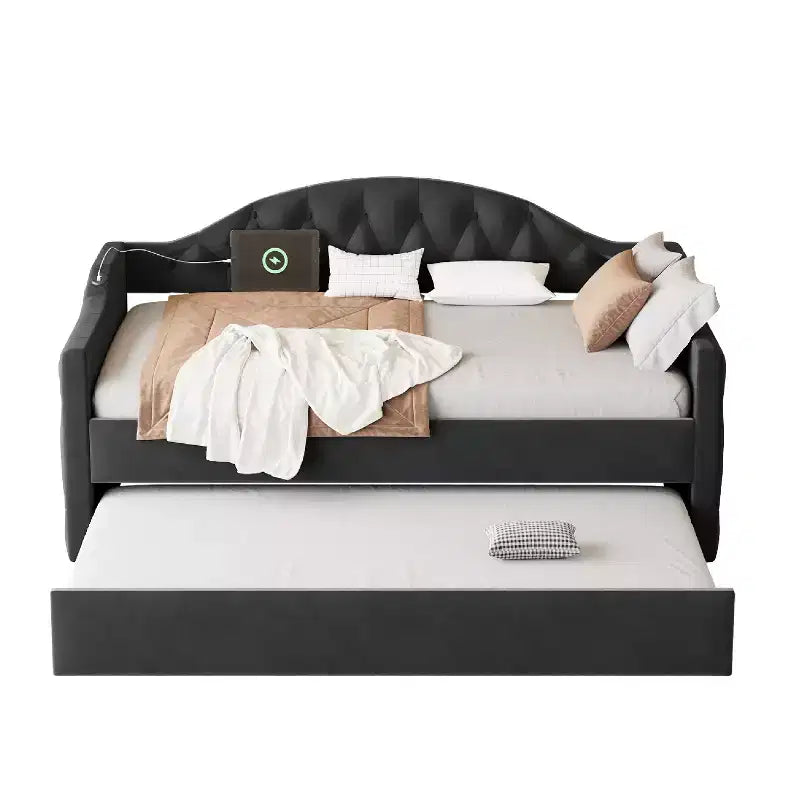 Lit de repos capitonné taille double avec lit gigogne, canapé-lit double en velours pour chambre à coucher