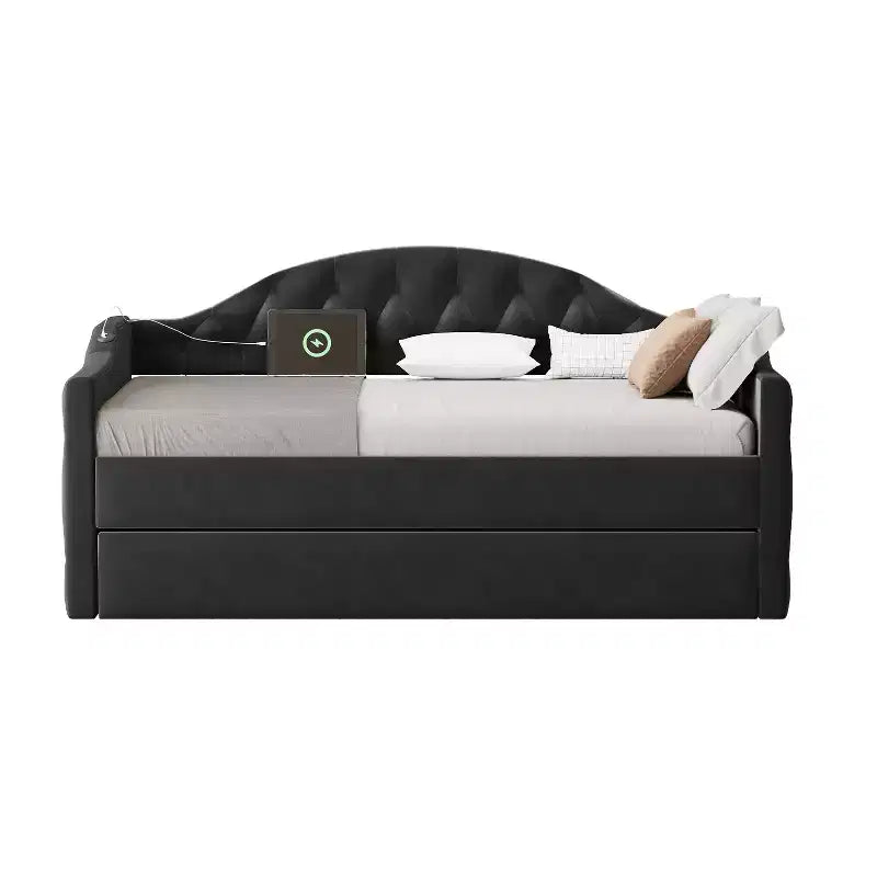 Lit de repos capitonné taille double avec lit gigogne, canapé-lit double en velours pour chambre à coucher