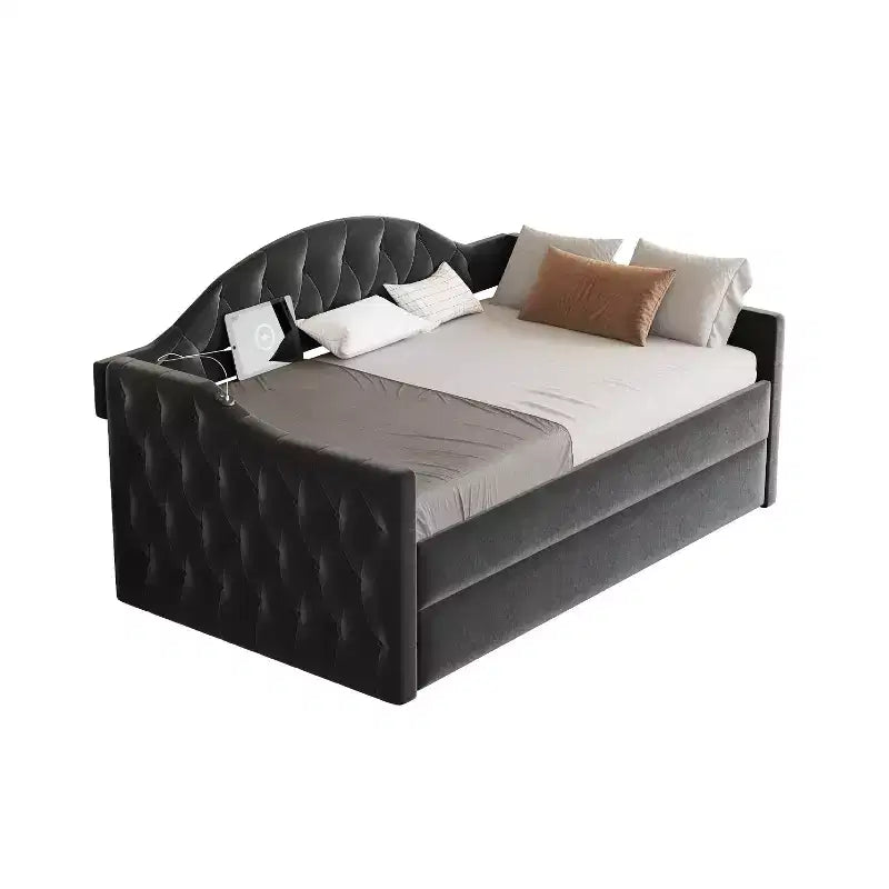Lit de repos capitonné taille double avec lit gigogne, canapé-lit double en velours pour chambre à coucher