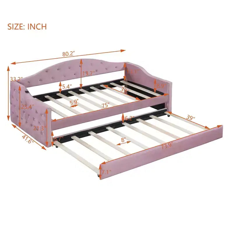 Lit de repos capitonné taille double avec lit gigogne, canapé-lit double en velours pour chambre à coucher
