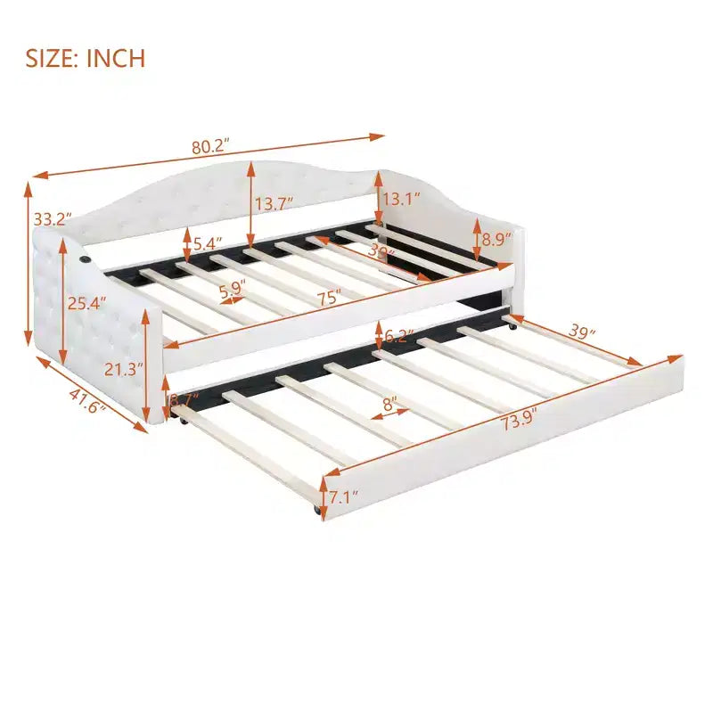 Lit de repos capitonné taille double avec lit gigogne, canapé-lit double en velours pour chambre à coucher