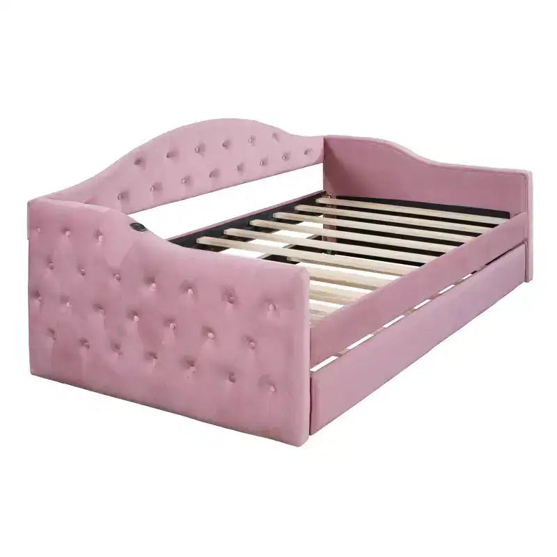 Lit de repos capitonné taille double avec lit gigogne, canapé-lit double en velours pour chambre à coucher