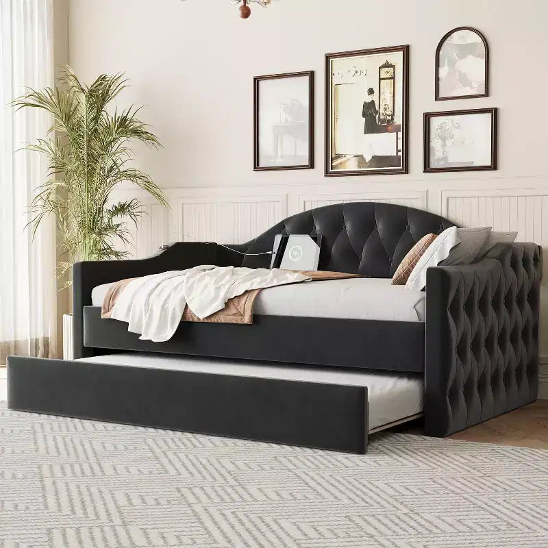 Lit de repos capitonné taille double avec lit gigogne, canapé-lit double en velours pour chambre à coucher