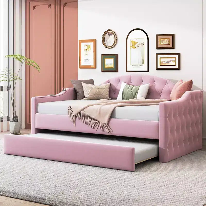 Lit de repos capitonné taille double avec lit gigogne, canapé-lit double en velours pour chambre à coucher