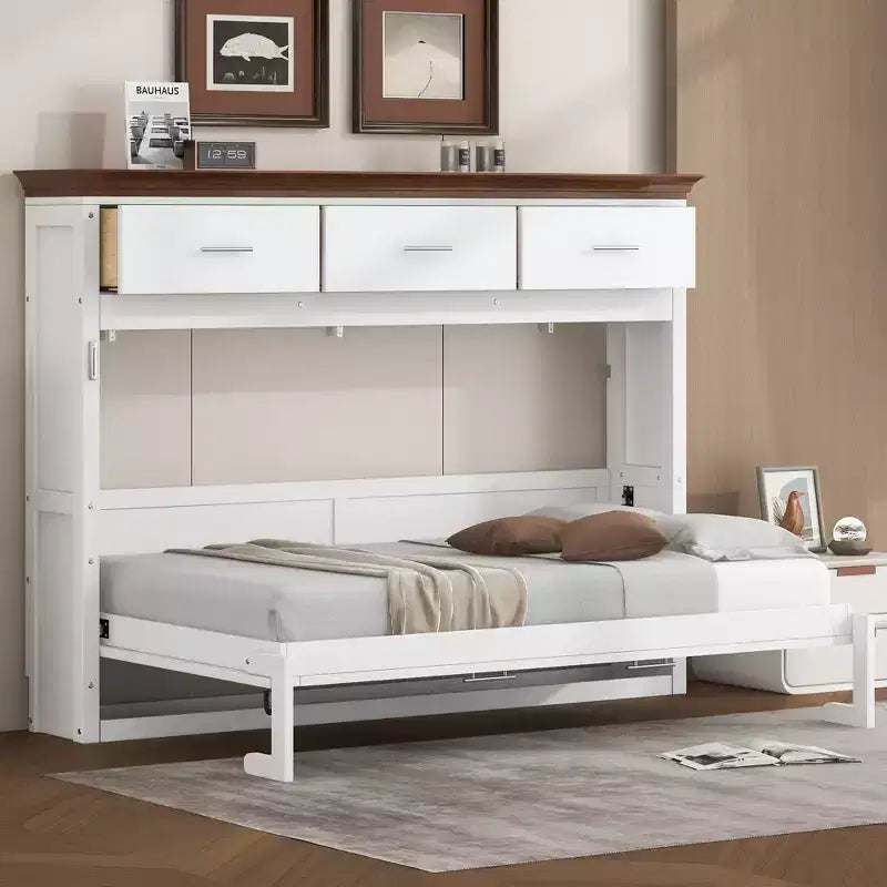 Lit escamotable double, Lit armoire double en bois avec 3 tiroirs, Lit coffre mural pliable pour chambre d'amis/bureau, Blanc