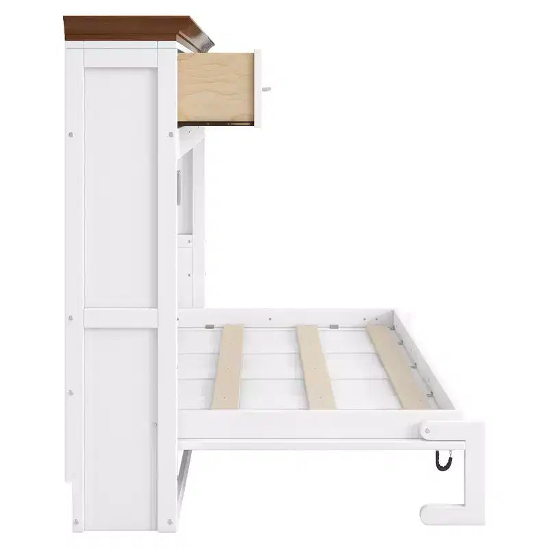 Lit escamotable double, Lit armoire double en bois avec 3 tiroirs, Lit coffre mural pliable pour chambre d'amis/bureau, Blanc