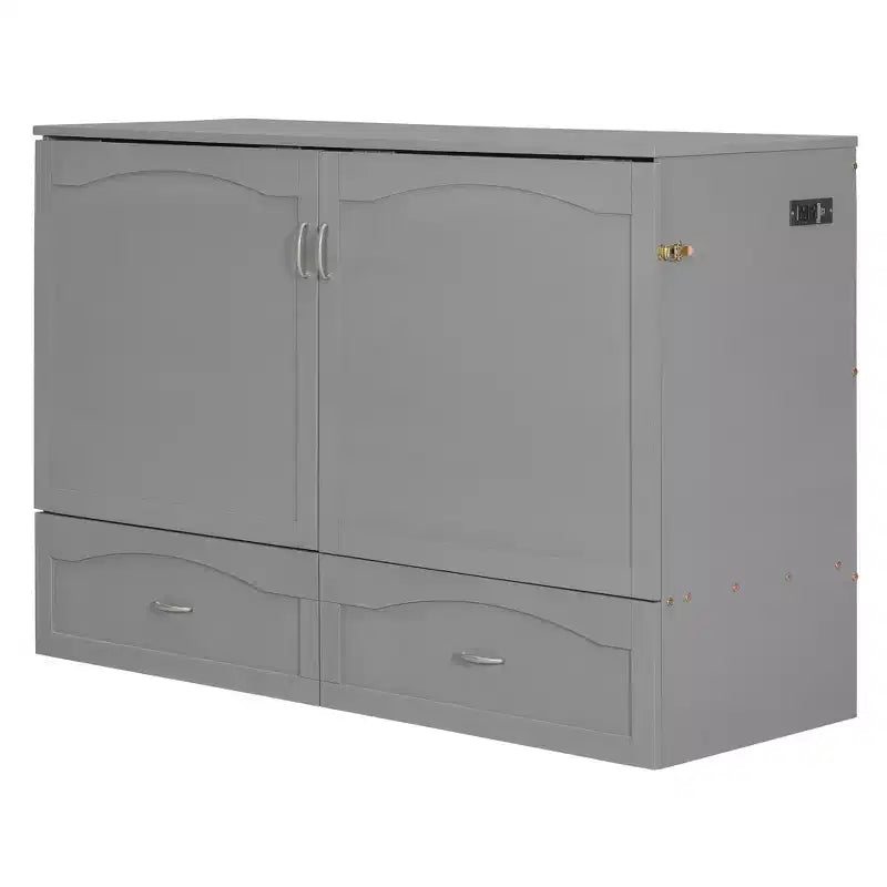 Lit escamotable Queen Size avec tiroirs, lit escamotable en bois avec prises et ports USB, conception de structure à poulie, gris