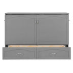 Lit escamotable Queen Size avec tiroirs, lit escamotable en bois avec prises et ports USB, conception de structure à poulie, gris