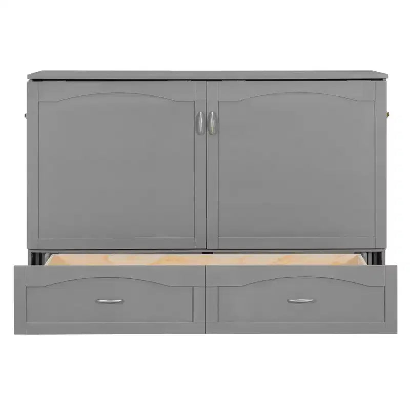 Lit escamotable Queen Size avec tiroirs, lit escamotable en bois avec prises et ports USB, conception de structure à poulie, gris