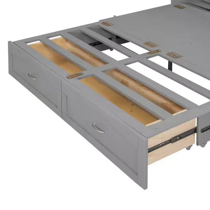 Lit escamotable Queen Size avec tiroirs, lit escamotable en bois avec prises et ports USB, conception de structure à poulie, gris