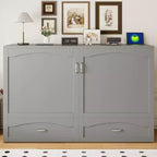 Lit escamotable Queen Size avec tiroirs, lit escamotable en bois avec prises et ports USB, conception de structure à poulie, gris