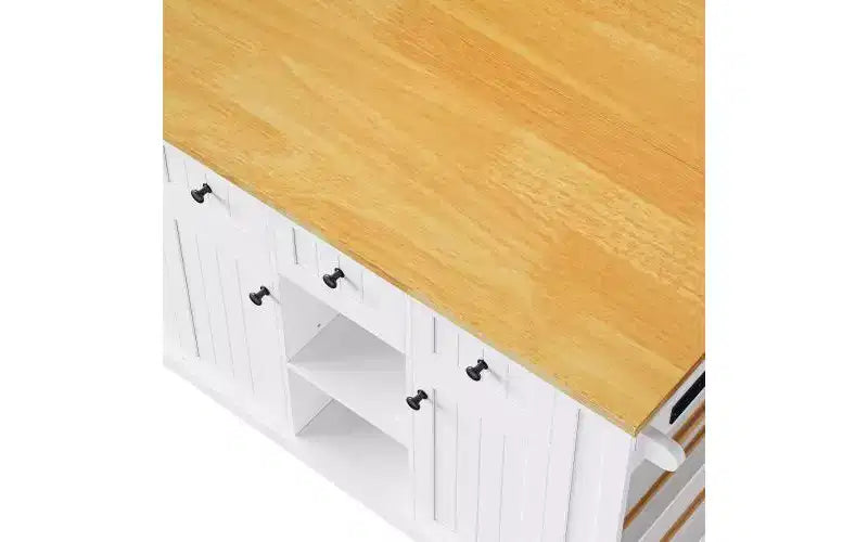 JVNOXK Îlot de cuisine roulant à 5 roues de 134,62 cm avec plateau pliant, prise de courant, étagère de rangement derrière la porte et étagère latérale, convient aux cuisines, blanc