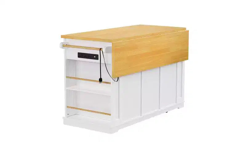 JVNOXK Îlot de cuisine roulant à 5 roues de 134,62 cm avec plateau pliant, prise de courant, étagère de rangement derrière la porte et étagère latérale, convient aux cuisines, blanc