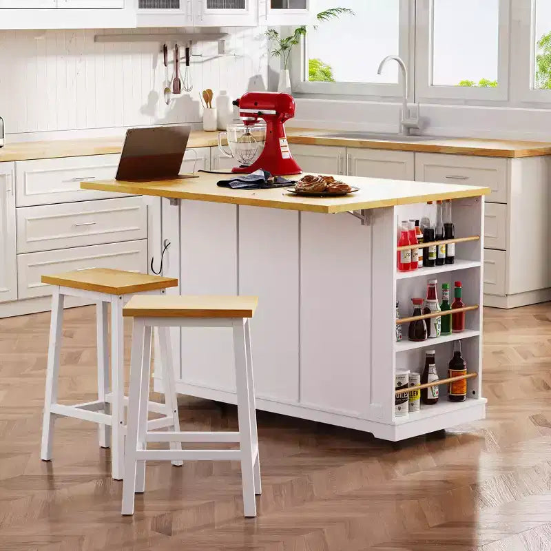 JVNOXK Îlot de cuisine roulant à 5 roues de 134,62 cm avec plateau pliant, prise de courant, étagère de rangement derrière la porte et étagère latérale, convient aux cuisines, blanc