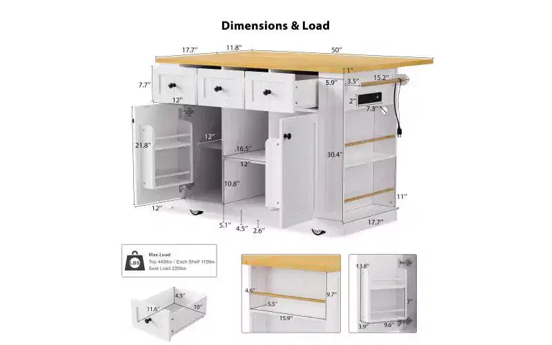 JVNOXK Îlot de cuisine roulant à 5 roues de 134,62 cm avec plateau pliant, prise de courant, étagère de rangement derrière la porte et étagère latérale, convient aux cuisines, blanc