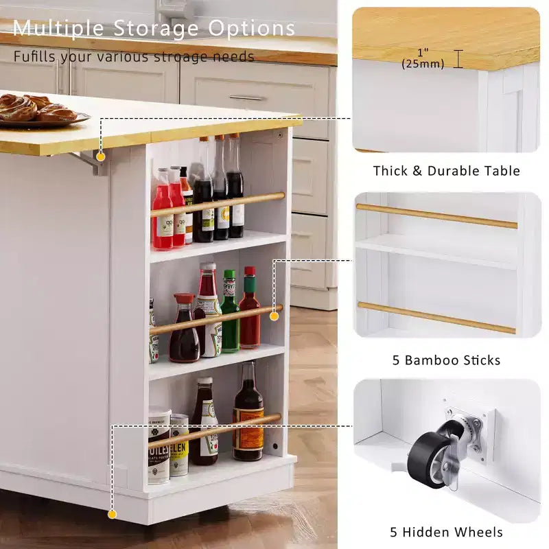 JVNOXK Îlot de cuisine roulant à 5 roues de 134,62 cm avec plateau pliant, prise de courant, étagère de rangement derrière la porte et étagère latérale, convient aux cuisines, blanc