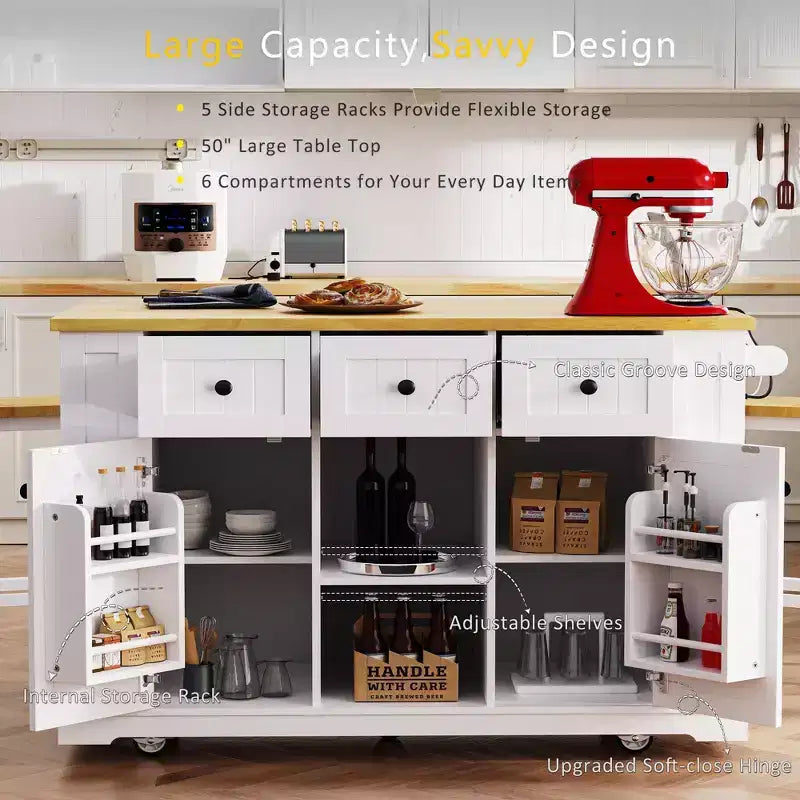 JVNOXK Îlot de cuisine roulant à 5 roues de 134,62 cm avec plateau pliant, prise de courant, étagère de rangement derrière la porte et étagère latérale, convient aux cuisines, blanc