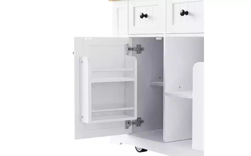 JVNOXK Îlot de cuisine roulant à 5 roues de 134,62 cm avec plateau pliant, prise de courant, étagère de rangement derrière la porte et étagère latérale, convient aux cuisines, blanc