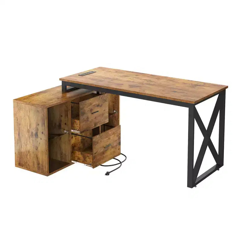 Bureau d'angle réversible en forme de L brun de 55 pouces avec tiroirs et lumières LED, et 4 étagères ouvertes en verre
