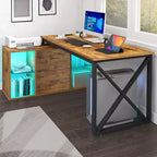 Bureau d'angle réversible en forme de L brun de 55 pouces avec tiroirs et lumières LED, et 4 étagères ouvertes en verre