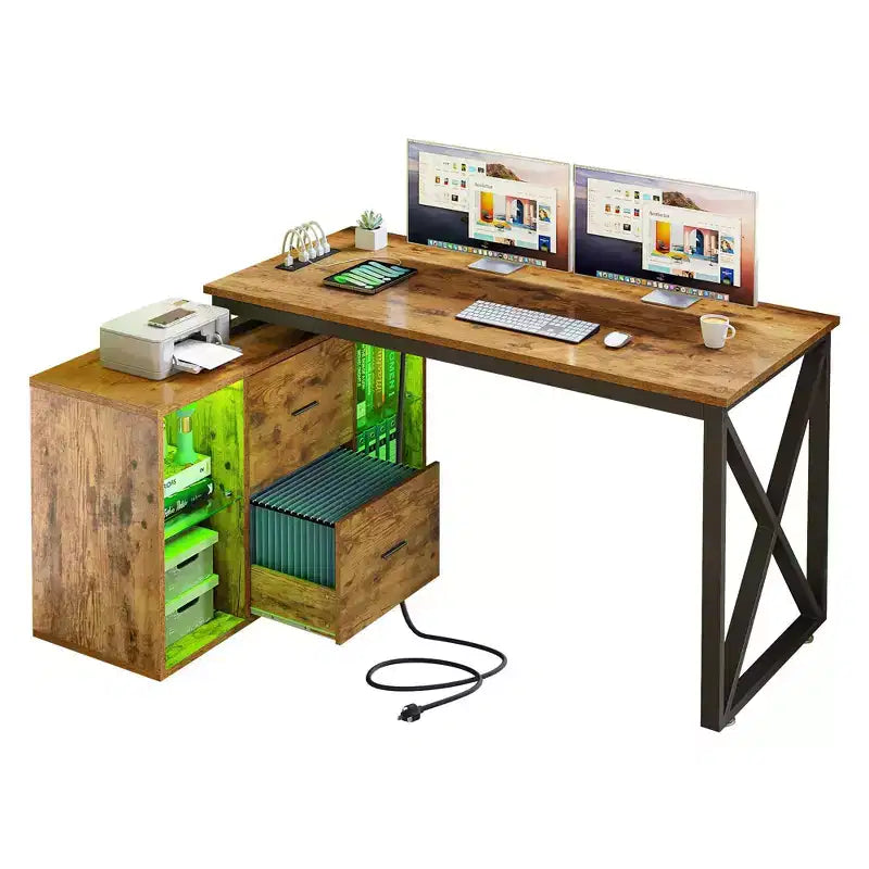 Bureau d'angle réversible en forme de L brun de 55 pouces avec tiroirs et lumières LED, et 4 étagères ouvertes en verre