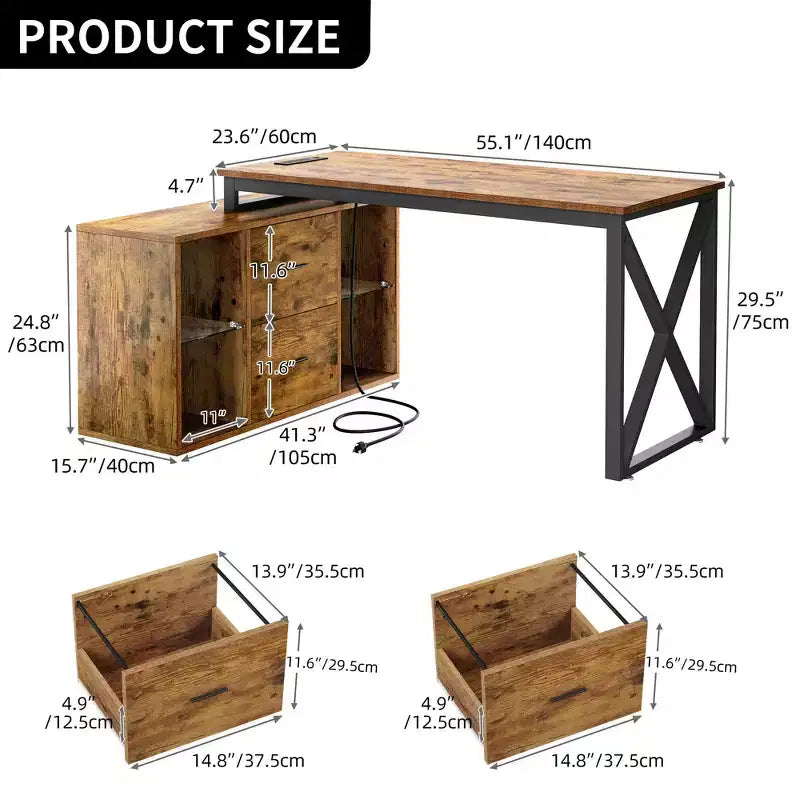 Bureau d'angle réversible en forme de L brun de 55 pouces avec tiroirs et lumières LED, et 4 étagères ouvertes en verre