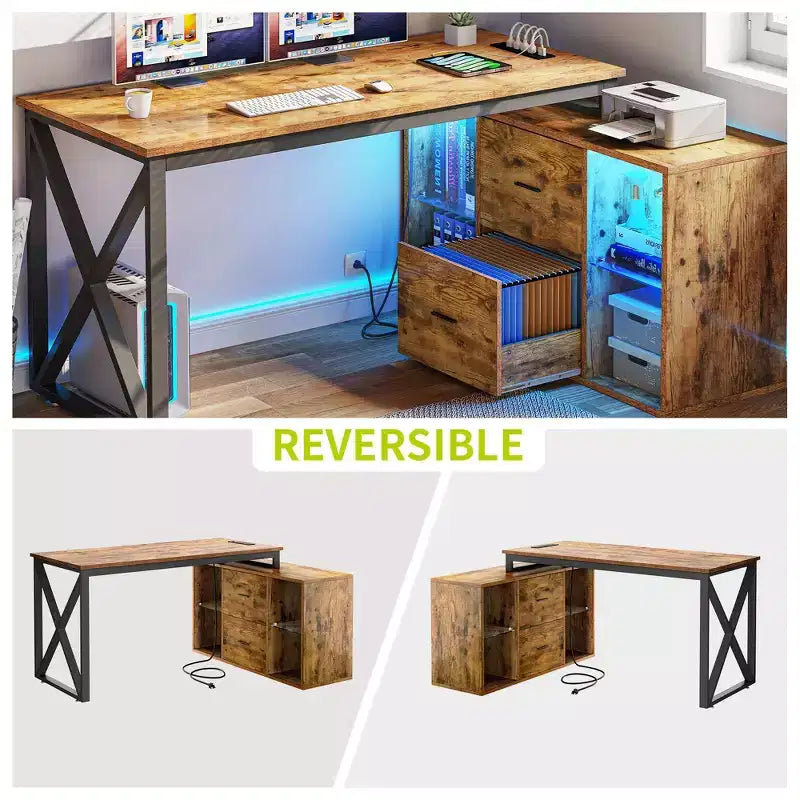 Bureau d'angle réversible en forme de L brun de 55 pouces avec tiroirs et lumières LED, et 4 étagères ouvertes en verre