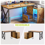 Bureau d'angle réversible en forme de L brun de 55 pouces avec tiroirs et lumières LED, et 4 étagères ouvertes en verre