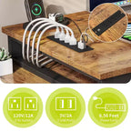 Bureau d'angle réversible en forme de L brun de 55 pouces avec tiroirs et lumières LED, et 4 étagères ouvertes en verre