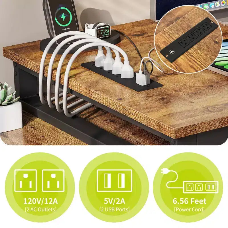 Bureau d'angle réversible en forme de L brun de 55 pouces avec tiroirs et lumières LED, et 4 étagères ouvertes en verre