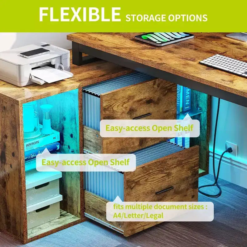Bureau d'angle réversible en forme de L brun de 55 pouces avec tiroirs et lumières LED, et 4 étagères ouvertes en verre